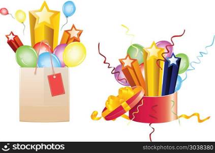 Celebration Gifts. Bright festive balloons, 3d stars coming out of opened gift box and shopping bag.