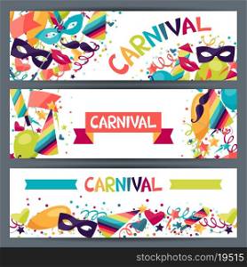 Celebration horizontal banners with carnival icons and objects.