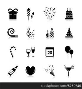Celebration icons black set with gift box fireworks cake isolated vector illustration. Celebration Icons Black
