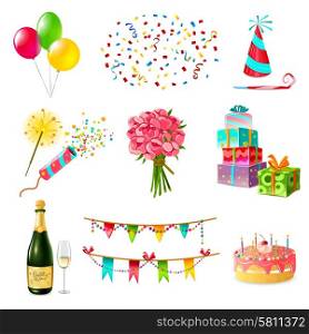 Celebration Icons Set. Celebration icons set with cake balloons champagne bouquet confetti and present boxes firecrackers garland whistle party hat isolated vector illustration