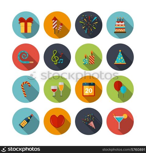 Celebration icons set with cocktail confetti fireworks cake balloons isolated vector illustration