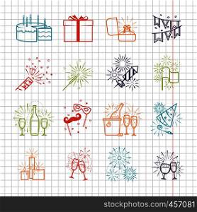 Celebration line icons set with drinks and garland, fireworks and cake on notebook page vector illustration. Celebration line icons with drinks, garland and fireworks