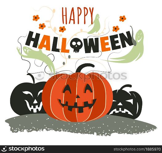 Celebration of autumn holiday in october, autumn seasonal event. Happy halloween greeting poster with jack o lanterns, carved faces and decorative text. Smiling pumpkins vector in flat style. Happy Halloween autumn holiday celebration, carved pumpkins faces