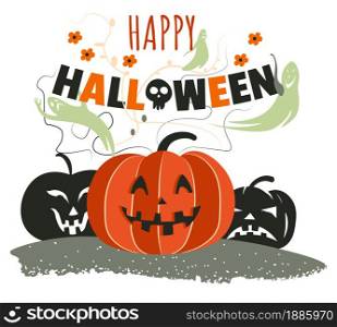 Celebration of autumn holiday in october, autumn seasonal event. Happy halloween greeting poster with jack o lanterns, carved faces and decorative text. Smiling pumpkins vector in flat style. Happy Halloween autumn holiday celebration, carved pumpkins faces
