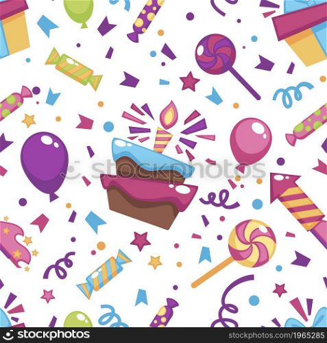 Celebration of birthday, cake with lit candle, lollipop with presents and candies. Inflatable balloon and confetti. Seamless pattern, background or print, decorative wrapping, vector in flat style. Birthday cake with candle and confetti pattern