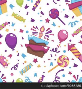 Celebration of birthday, cake with lit candle, lollipop with presents and candies. Inflatable balloon and confetti. Seamless pattern, background or print, decorative wrapping, vector in flat style. Birthday cake with candle and confetti pattern