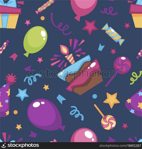 Celebration of birthday, presents and gifts. Cake with candle, inflatable balloon and confetti with small candies. Seamless pattern, background or print, decorative wrapping, vector in flat style. Birthday celebration, presents seamless pattern
