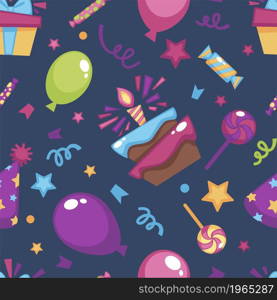 Celebration of birthday, presents and gifts. Cake with candle, inflatable balloon and confetti with small candies. Seamless pattern, background or print, decorative wrapping, vector in flat style. Birthday celebration, presents seamless pattern
