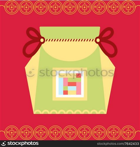 Celebration of chinese holidays vector, fortune bag with ornaments. Sac of green color flat style. Fabric sack with thread, asian culture and customs, wishing luck and prosperity for people illustration. Fortune Bag Chinese Traditional Greeting Holiday