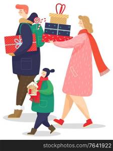 Celebration of christmas by traditional gifts exchanging. Mother and father carrying presents. Kid holding gingerbread cookie made in form of house. Family greeting with xmas holidays vector. Family Carrying Presents Boxes and Cookies as Gift