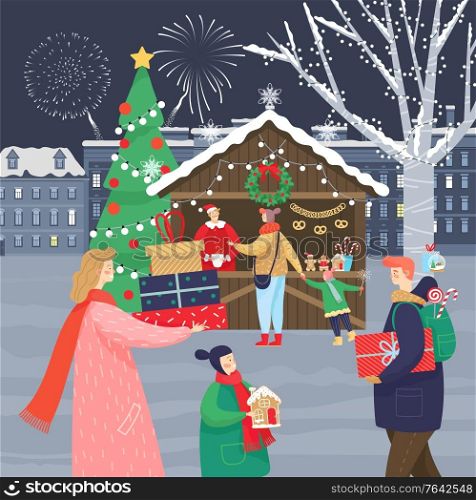 Celebration of Christmas holidays on xmas market. People carrying presents and buying souvenirs at kiosks. Cityscape with modern architecture and fireworks at sky. Woman and man with kid vector. Christmas Market at Night People with Gifts Vector