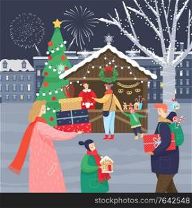 Celebration of Christmas holidays on xmas market. People carrying presents and buying souvenirs at kiosks. Cityscape with modern architecture and fireworks at sky. Woman and man with kid vector. Christmas Market at Night People with Gifts Vector