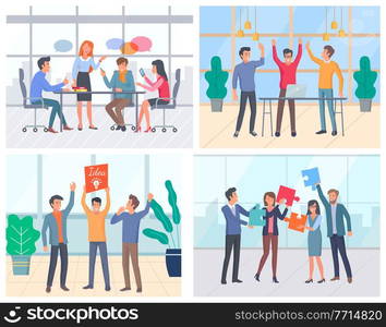 Celebration of company success vector, office workers sitting by table. Teamwork successful people raising hands up. Ideas of businessman flat style. Startup Company Meeting, Conference of Team Set