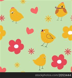 Celebration of easter holiday, small chicken with ribbon bows and blooming flower plants, blossom and flourishing in spring season. Seamless pattern, background or print. Vector in flat style. Small chicken and blooming flowers easter pattern