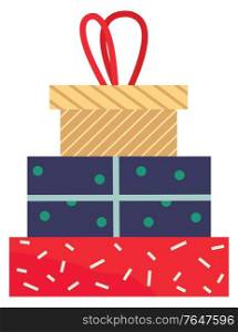 Celebration of holidays by giving presents. Greeting with special occasion by exchanging presents. Boxes with wrapping paper and decorative ribbons. Birthday or anniversary, xmas or new year vector. Presents in Boxes with Wrapping Paper for Holidays