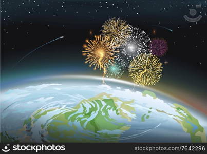 Celebration of holidays with pyrotechnics. Festival or carnival fireworks above planet earth. Splashes of color at night sky. Cosmos with stars and comets. Explosion illuminated above continent vector. Firework at Night Sky Above Planet Earth Vector