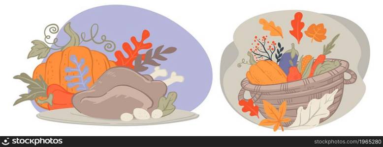 Celebration of thanksgiving holiday, pumpkin and baked turkey with vegetables. Autumn season of festivity and events. Harvesting and table with tasty meal for family dinner. Vector in flat style. Thanksgiving food, pumpkin and turkey, vector