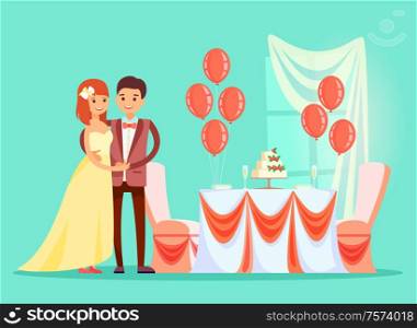 Celebration of wedding vector, marriage ceremony reception. Bride and Groom standing by table with cake and strawberries, balloons and window veil. Celebration of Wedding Marriage Ceremony Reception