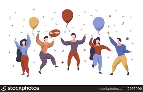 Celebration people. Happy characters group celebration party standing jumping with gift confetti and balloons man woman together garish vector. Celebration and celebrate happiness crowd illustration. Celebration people. Happy characters group celebration party standing and jumping with gift under confetti and balloons smile man woman together garish vector flat back
