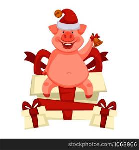 Celebration pig, piglet symbol of new year and Christmas vector. Winter holiday playing with presents, box with bows and decorative ribbons. Giftboxes and tradition of exchange, piggy wearing hat. Celebration pig, piglet symbol of new year and Christmas