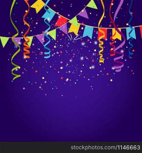 Celebration purple background with bounting flags, vector illustration. Celebration purple background