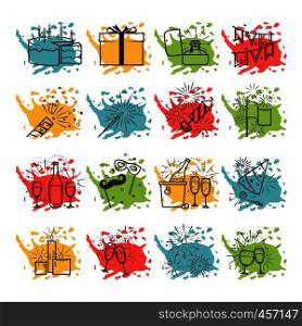 Celebration set icons with cake drinks fireworks giftbox and color spray spots vector. Celebration icons with color spray spots vector