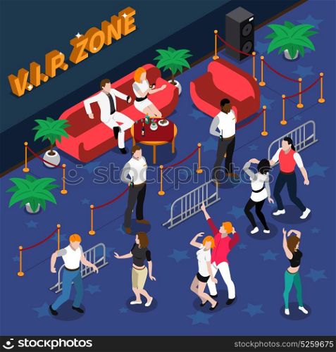 Celebrities In Nightclub Isometric Illustration. Celebrities on red sofa at vip zone with guards near dance floor in nightclub isometric vector illustration