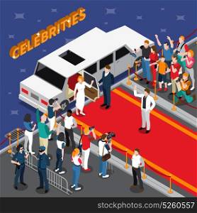 Celebrities On Red Carpet Isometric Composition. Celebrities on red carpet isometric composition with white limousine guards admirers photographers reporters police 3d vector illustration