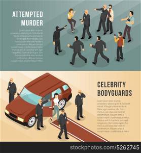 Celebrity Bodyguards 2 Isometric Banners . Celebrity bodyguards in action 2 isometric informative banners with red carpet and shooting scene isolated vector illustration