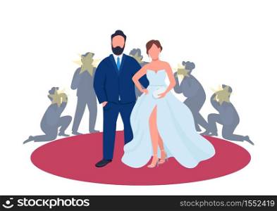 Celebrity couple on red carpet flat concept vector illustration. Man and woman at premiere in fancy outfits with paparazzi. 2D cartoon characters for web design. Music and film industry creative idea. Celebrity couple on red carpet flat concept vector illustration