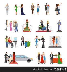 Celebrity Flat Colored Decorative Icons. Celebrity flat colored decorative icons with paparazzi photo session stylists banquet interview elements isolated vector illustration
