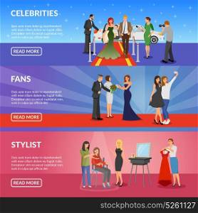 Celebrity Horizontal Banners. Celebrity horizontal banners set with superstar on red carpet fans making selfie with celebrity and stylist room flat vector illustration