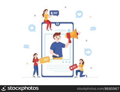 Celebrity Influencer with Posts on Internet for Advertising Marketing, Daily Life or Endorse in Flat Cartoon Hand Drawn Templates Illustration