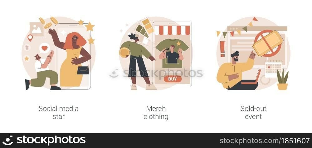 Celebrity media engagement abstract concept vector illustration set. Social media star, merch clothing, sold-out event, account monetization, branded design, show overbooking abstract metaphor.. Celebrity media engagement abstract concept vector illustrations.