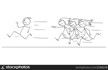 Celebrity or man running away, crowd of female admirers or fans is chasing him , vector cartoon stick figure or character illustration.. Man or Celebrity Running Away From Crowd of Female Fans or Admirers , Vector Cartoon Stick Figure Illustration