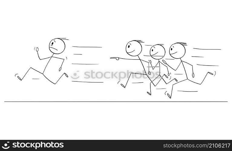 Celebrity person running away, crowd of fans is chasing him, vector cartoon stick figure or character illustration.. Crowd of Fans Chasing Running Celebrity Person , Vector Cartoon Stick Figure Illustration