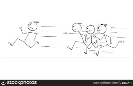 Celebrity person running away, crowd of fans is chasing him, vector cartoon stick figure or character illustration.. Crowd of Fans Chasing Running Celebrity Person , Vector Cartoon Stick Figure Illustration