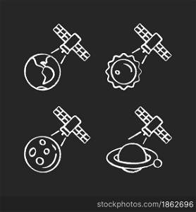 Celestial bodies observation chalk white icons set on dark background. Heliophysics science investigations. Meteorological planet observation system. Isolated vector chalkboard illustrations on black. Celestial bodies observation chalk white icons set on dark background