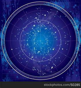 Celestial Map of The Night Sky. Astronomical Chart of Northern Hemisphere (Ultraviolet Blueprint version EPS-8). Celestial Map of The Night Sky