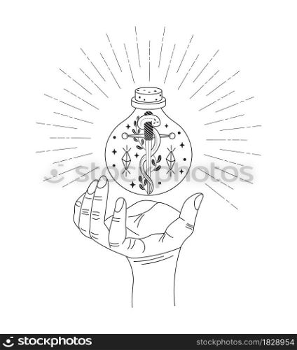 Celestial, mystery hand with potion. Esoteric, witch bottle with magic crystals, snake and sword inside. Magician hand creates. Astrological, occult concept vector.. Celestial, mystery hand with potion. Esoteric, witch bottle with magic crystals