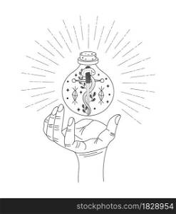 Celestial, mystery hand with potion. Esoteric, witch bottle with magic crystals, snake and sword inside. Magician hand creates. Astrological, occult concept vector.. Celestial, mystery hand with potion. Esoteric, witch bottle with magic crystals