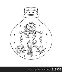 Celestial, mystery potion. Esoteric, witch bottle with magic crystals, snake and sword inside. Planets and moon with sun are shown. Magician hand creates. Astrological concept vector.. Celestial, mystery potion. Esoteric, witch bottle with magic crystals, snake and sword inside.