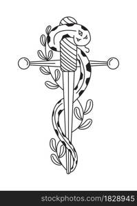 Celestial, mystery sword vector. Esoteric, witch element with snake and plant. Magician, alchemical knife in doodle style. Astrological concept for tattoo.. Celestial, mystery sword vector. Esoteric, witch element with snake