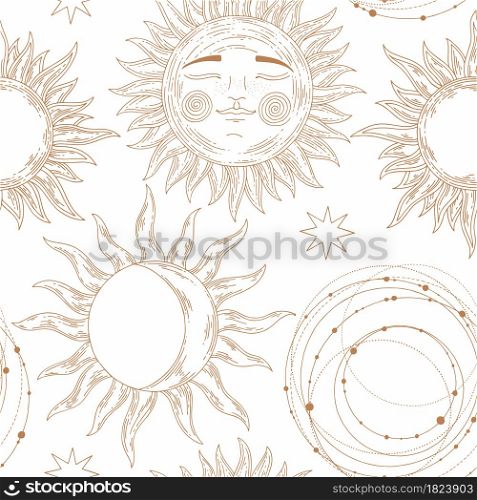 Celestial pattern. Vector seamless background. Hand drawing. Pattern for design of fabrics, wallpaper, packaging, home textiles. For printing and surface design. Celestial pattern. Vector seamless background. For printing and surface design