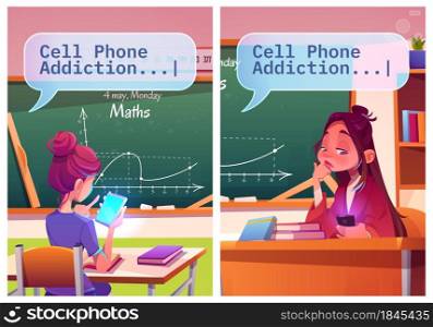 Cell phone addiction cartoon posters, boring school girl, student and young teacher sitting at desk chatting by smartphone instead of studying or teaching lesson in classroom, Vector illustration. Cell phone addiction posters, boring school girl