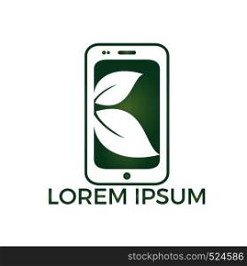 Cell phone and leaf logo design. Phone and green leaves business vector logo design.