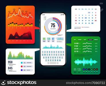 Cell phone application interface design with business infographics charts and graphs. Mobile phone ui vector eps10. Infographic for business on smartphone illustration. Cell phone application interface design with business infographics charts and graphs. Mobile phone ui vector eps10
