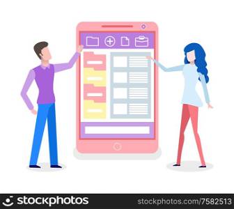 Cell phone with icons vector, developers with smartphone touchscreen. Man and woman looking at screen of mobile with folders and briefcase symbol. Businessman and Businesswoman with Smartphone Cell