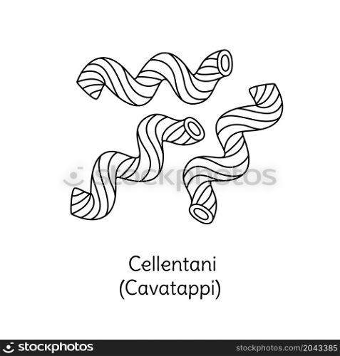Cellentani cavatappi pasta illustration. Vector doodle sketch. Traditional Italian food. Hand-drawn image for engraving or coloring book. Isolated black line icon. Editable stroke