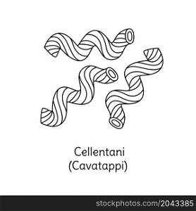 Cellentani cavatappi pasta illustration. Vector doodle sketch. Traditional Italian food. Hand-drawn image for engraving or coloring book. Isolated black line icon. Editable stroke